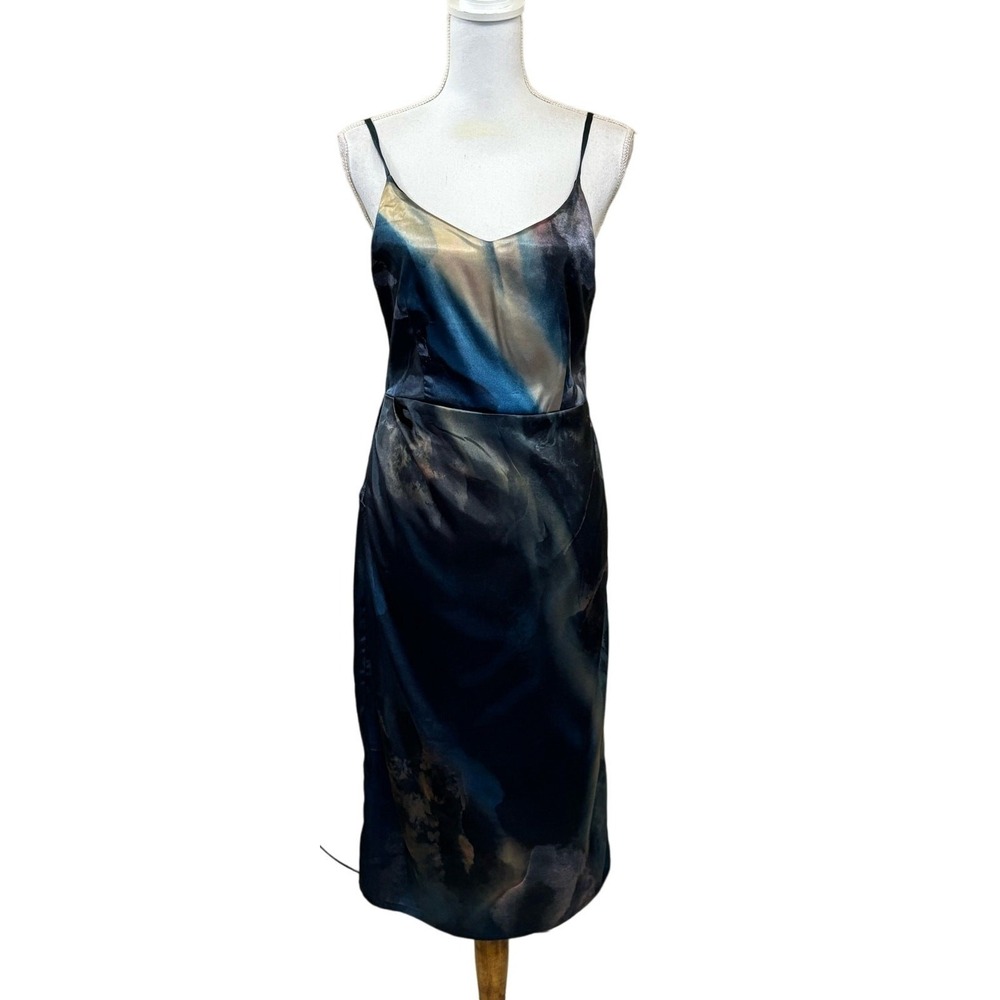 Averie Blue Gold Abstract Watercolor Satin Slip Midi Dress Large 90s Revival
